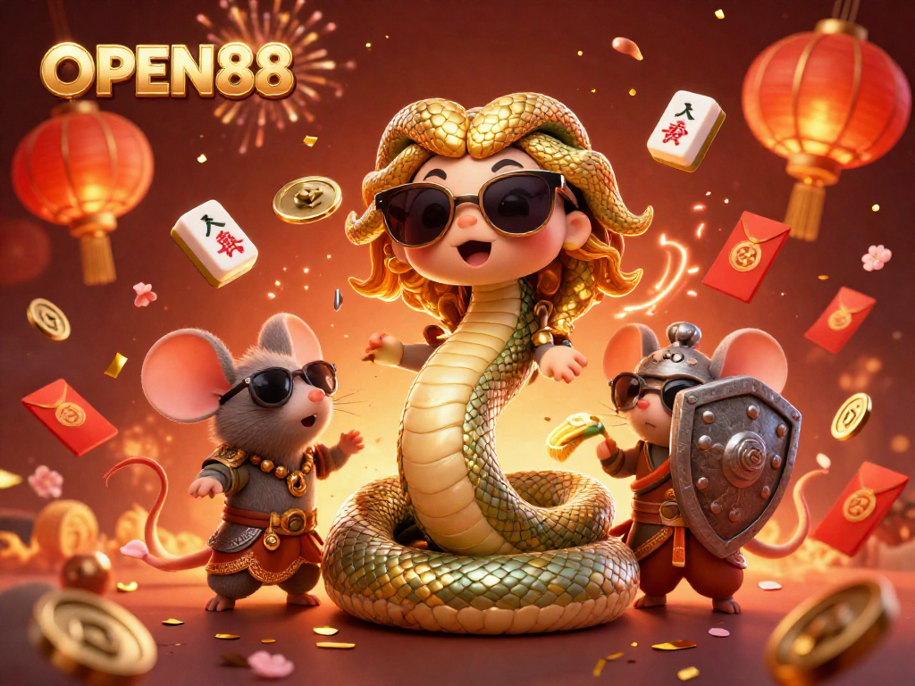 Experience the excitement of OPEN88 with Medusa and a warrior mouse in a vibrant casino scene full of festive elements.