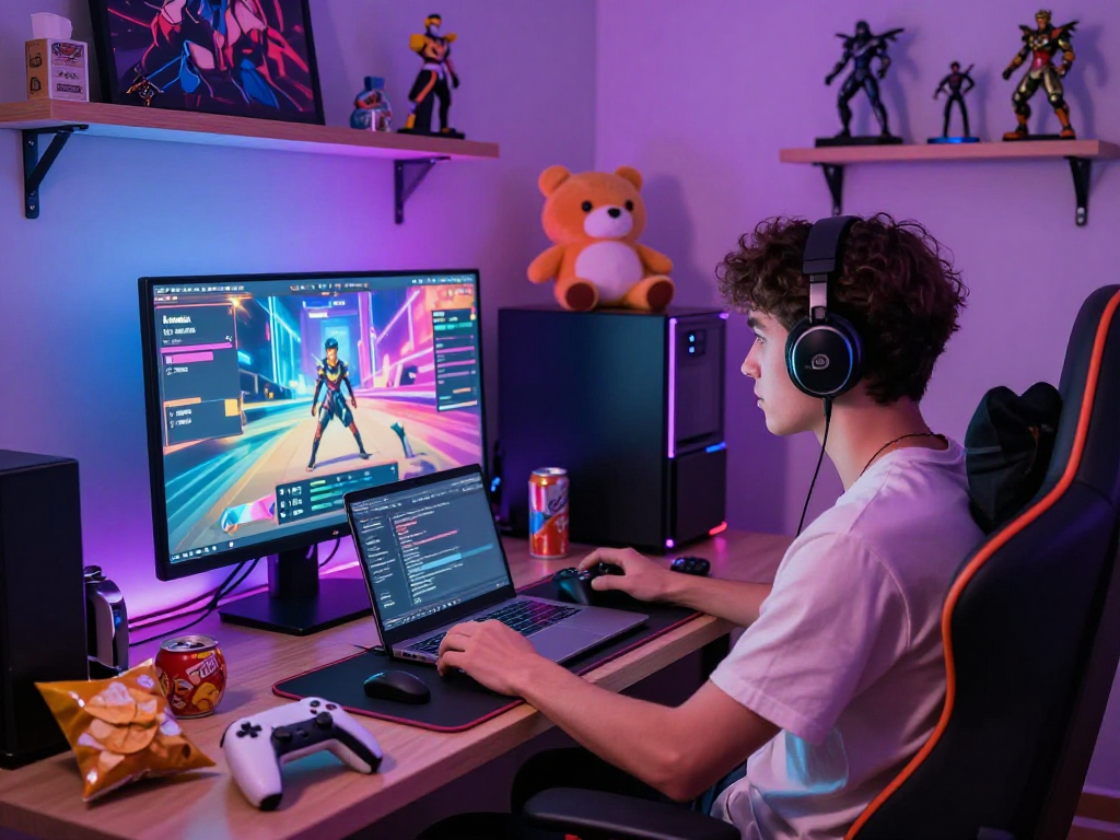 Engaged gamer playing a porn game in a vibrant digital room, showcasing immersive gameplay.