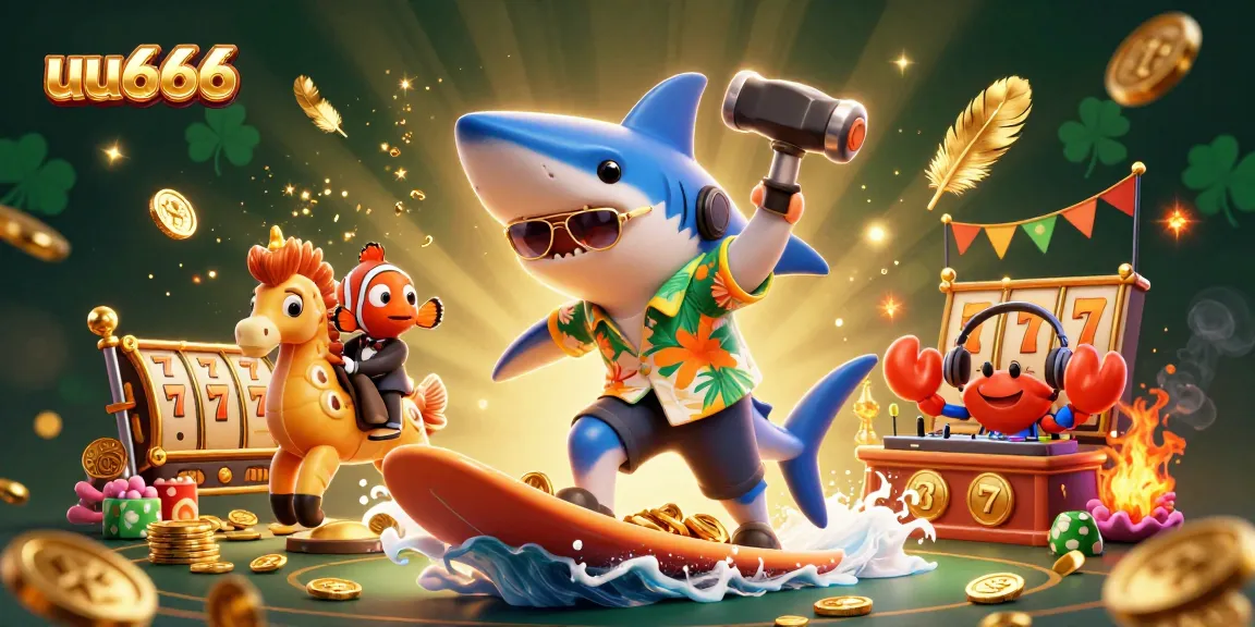Experience the thrill of gambling at uu666 with a 3D underwater scene featuring playful characters amidst gold coins and slots.