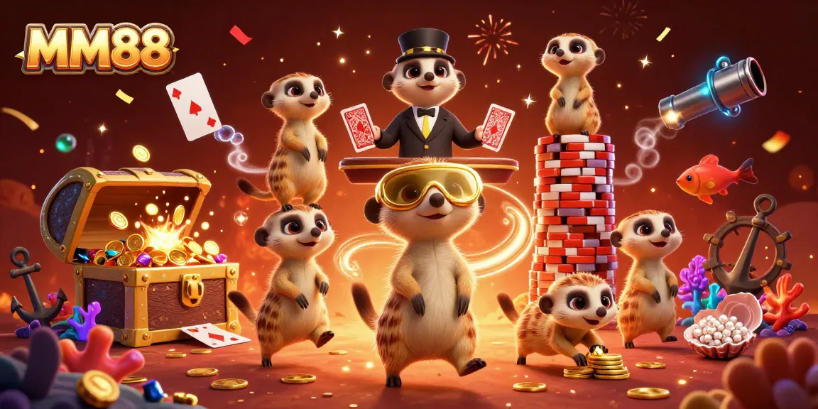 Join the action with MM88 at a vibrant, fun-filled meerkat casino scene!