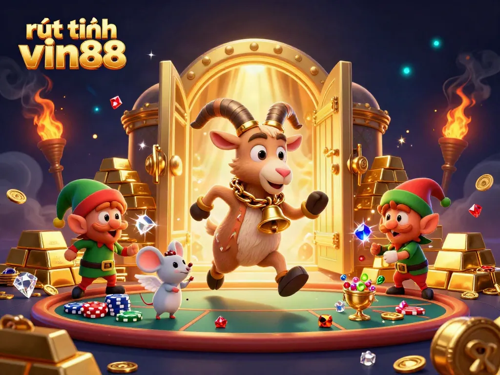Engage in a lively scene with rút tiền vin88 where a Krampus goat manages a chaotic casino with magical gems and elf gremlins.