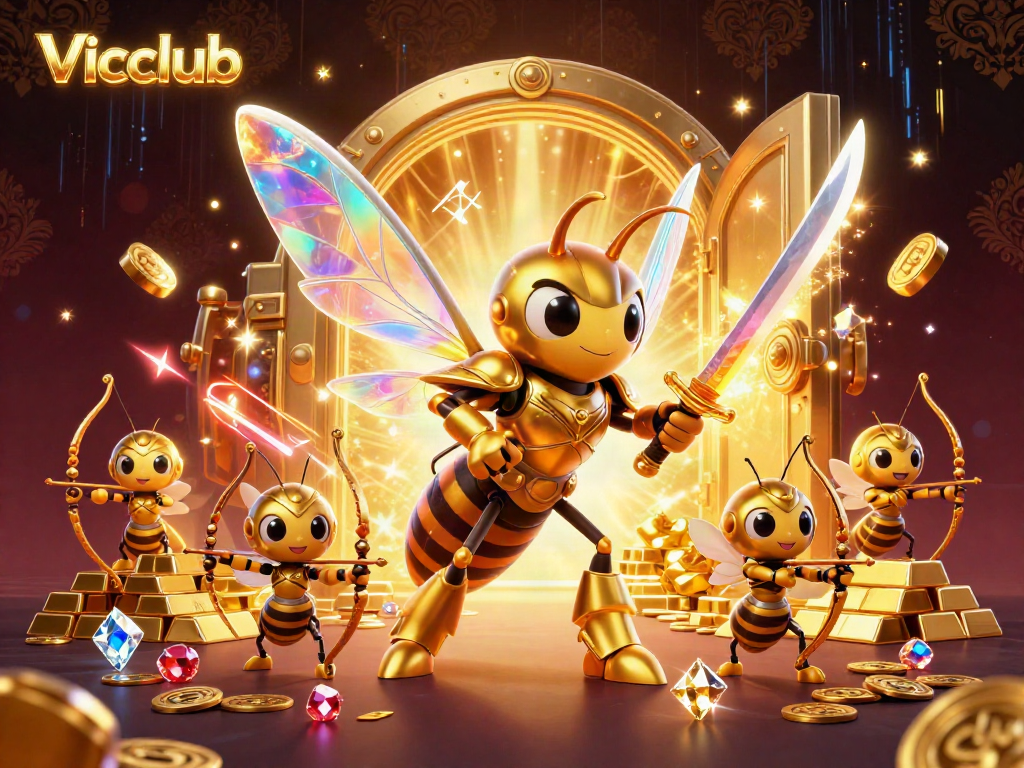 Vicclub summons luck with a golden hornet samurai and bee archers amid riches and vibrant casino magic.