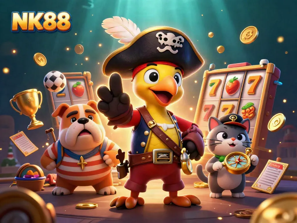 Engage in excitement with NK88 as dynamic character scenes illustrate thrilling slots and gaming elements.