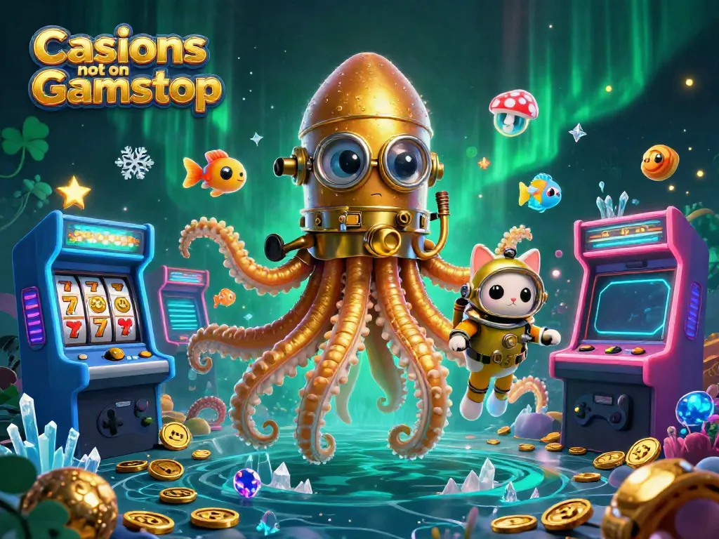 Engage with Casinos not on Gamstop in an exciting 3D illustration featuring a kraken, diving cat, and arcade elements.