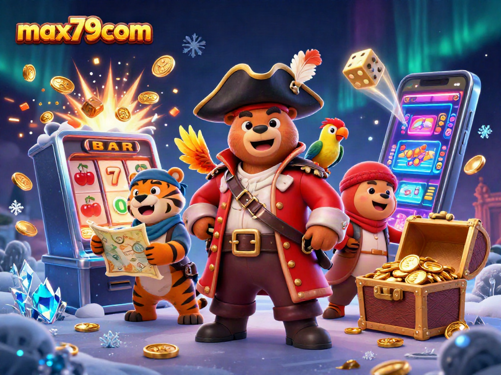 Experience gaming excitement at max79com with a lively 3D casino scene featuring a pirate bear!