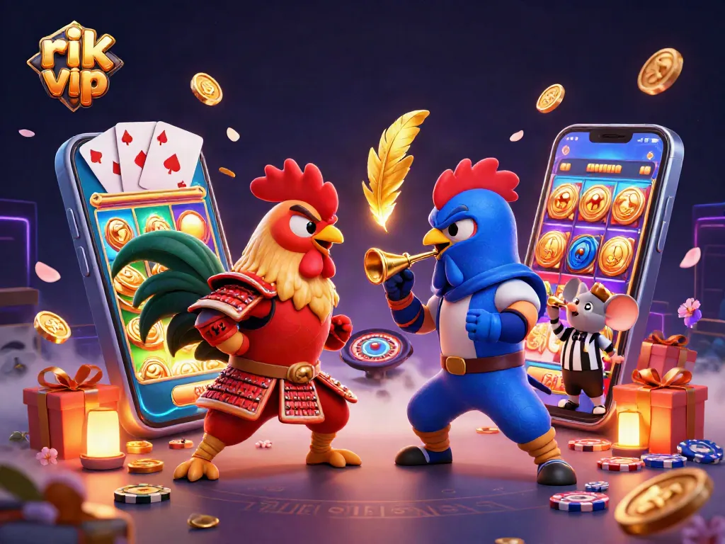 Engage in thrilling gameplay with rik vip's iconic rooster showdown amidst vibrant casino elements.