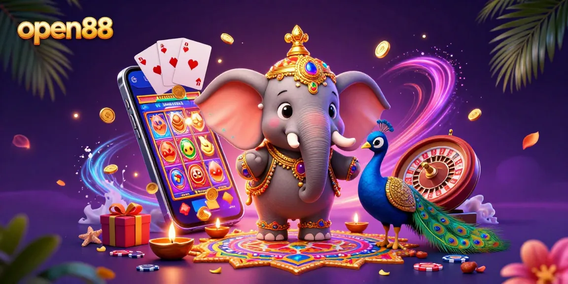 Spin the reels at open88 casino, featuring a festive elephant and vibrant game elements.
