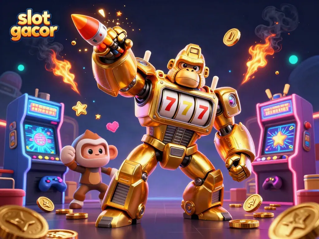 Experience the thrill of slot gacor with an explosive 3D illustration of a golden gorilla mech and vibrant casino elements.