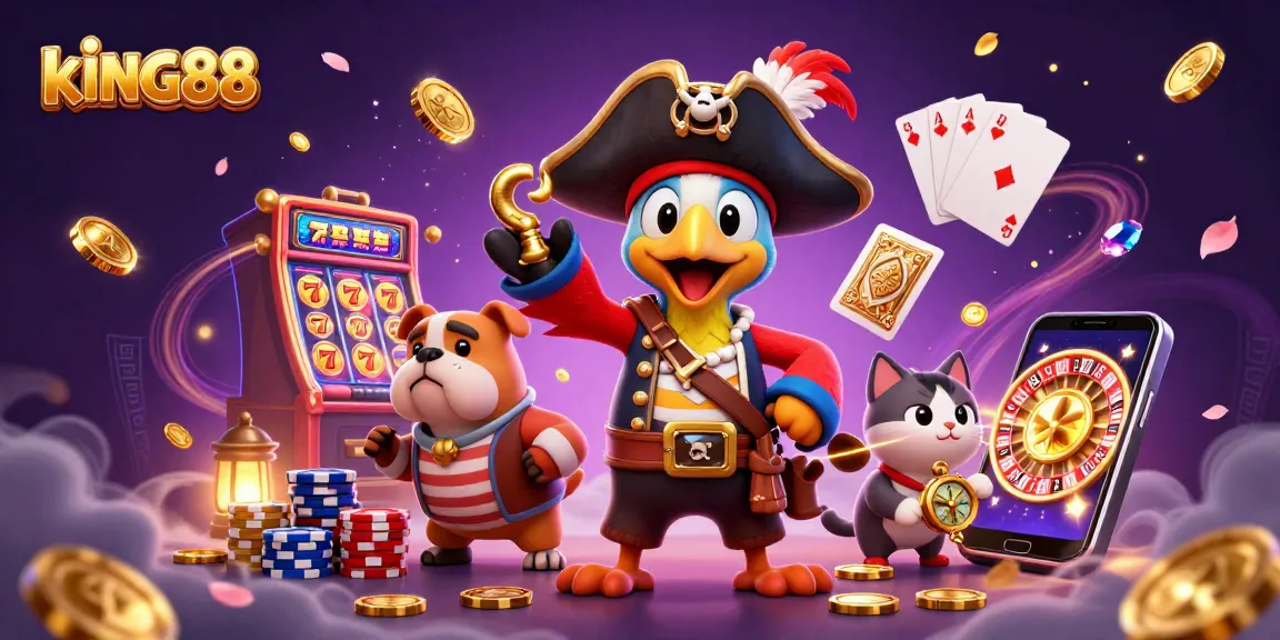 Spin the reels at kING88 while enjoying a vibrant pirate-themed 3D casino adventure!