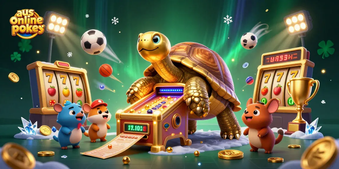 Experience the excitement of aus online pokies with a golden tortoise slot machine, vibrant characters, and dynamic game elements.