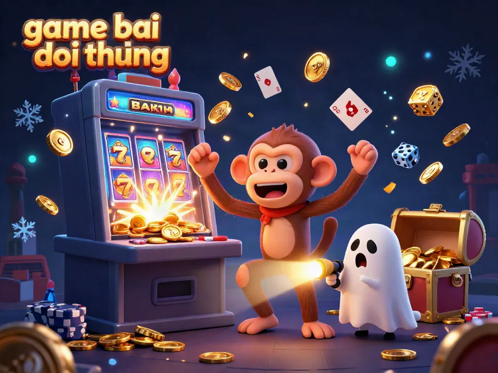 Pursue the ghostly fun of game bai doi thuong with a playful monkey juggling golden coins and a brave puppy tracking its antics in a haunted casino.
