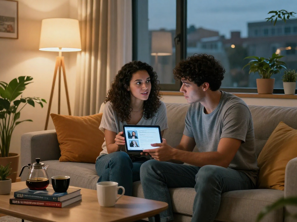 Couple exploring AI sex insights on tablet while enjoying cozy evening.