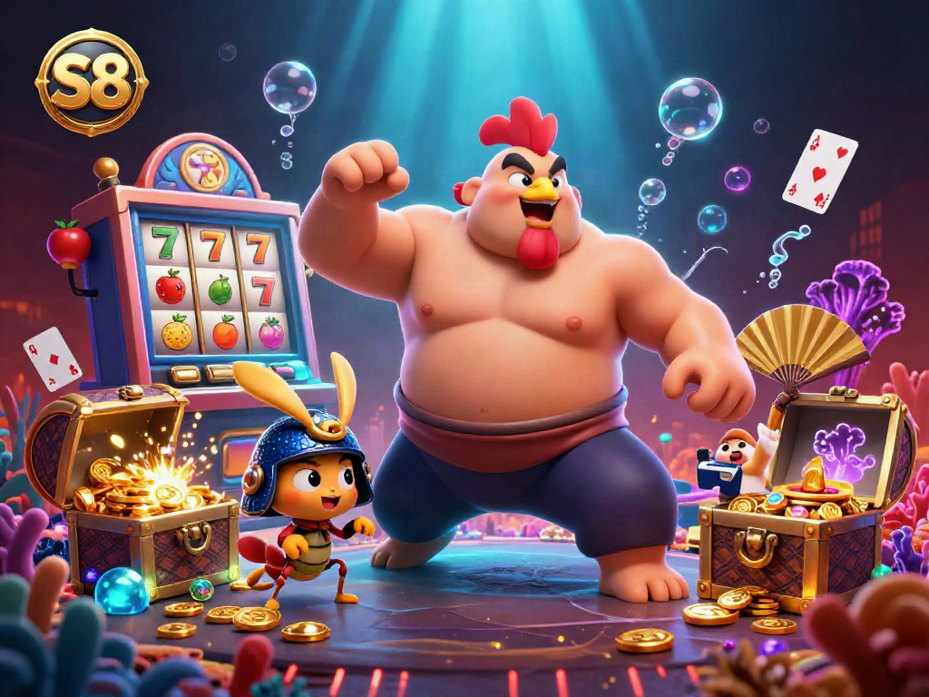 Engage with S8's dynamic casino atmosphere featuring lively sumo rooster, cricket fighter, and dazzling visuals.
