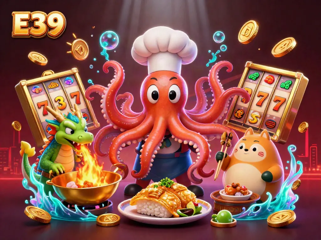 E39's dynamic casino scene showcasing the sushi chef octopus and dragon amidst golden slot reels and jackpots.