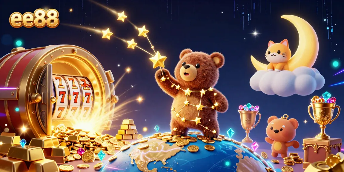 Join the fun on ee88, where a 3D bear scoops coins amidst casino treasures and vibrant elements.
