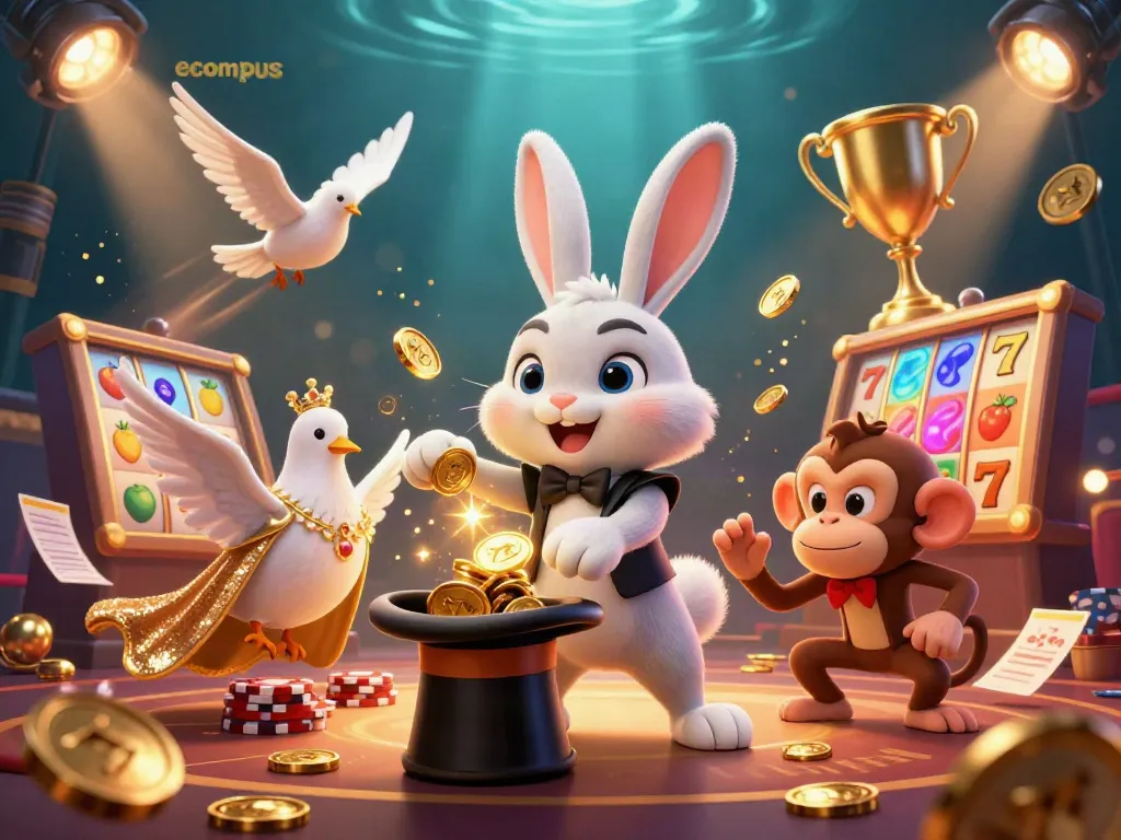 Engage with ecompus through a magical casino scene with a rabbit, dove, and mischievous monkey.