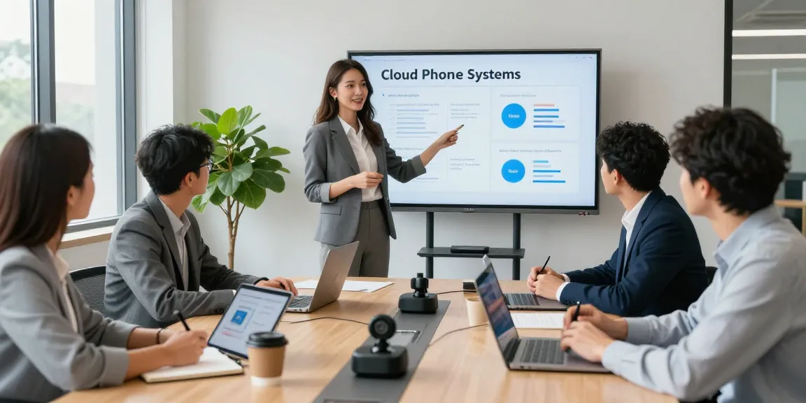 Team collaborating on cloud phone systems for small business in a modern office setting, showcasing engagement and technology.