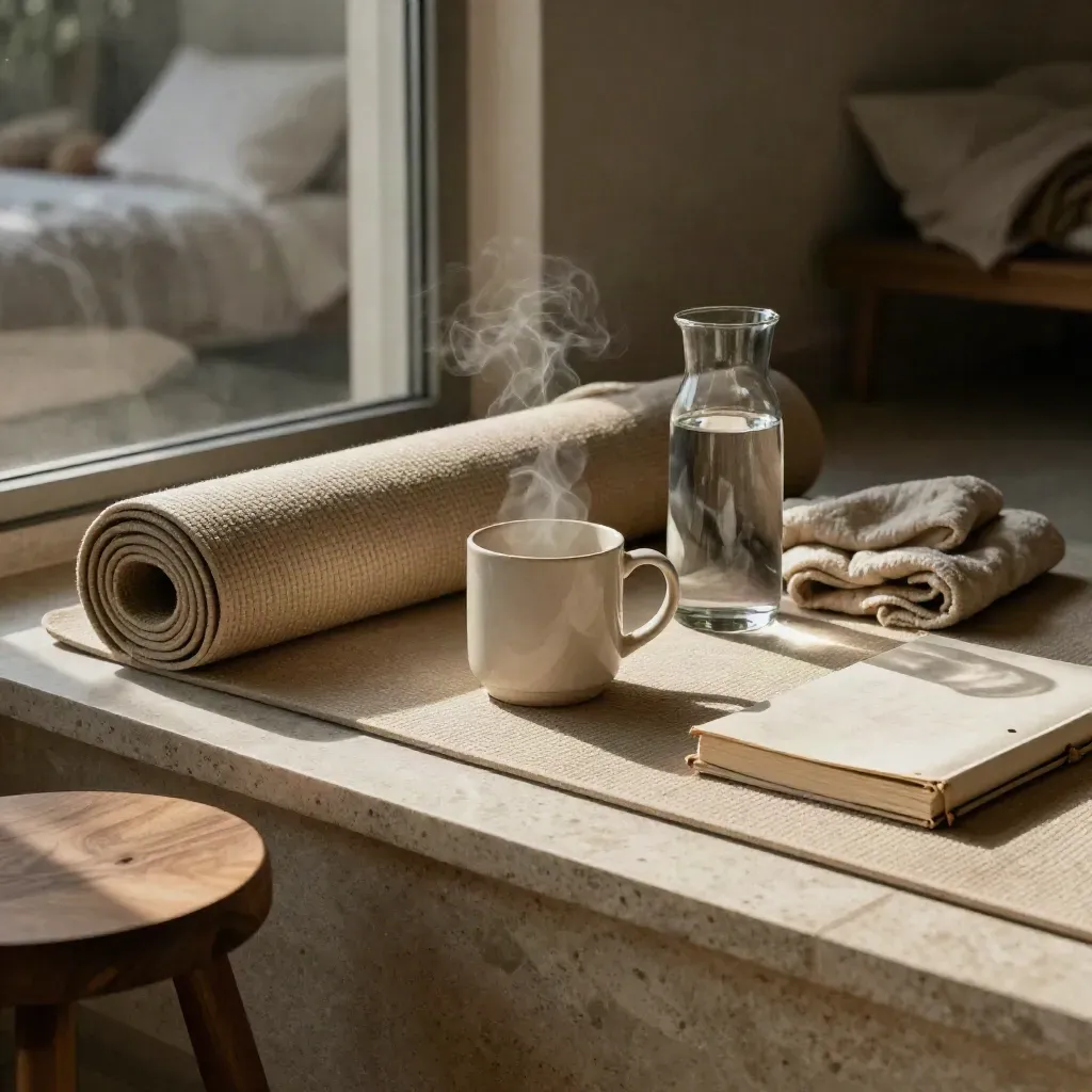 Wellness corner with mat, mug, carafe, throw and journal in soft afternoon light.