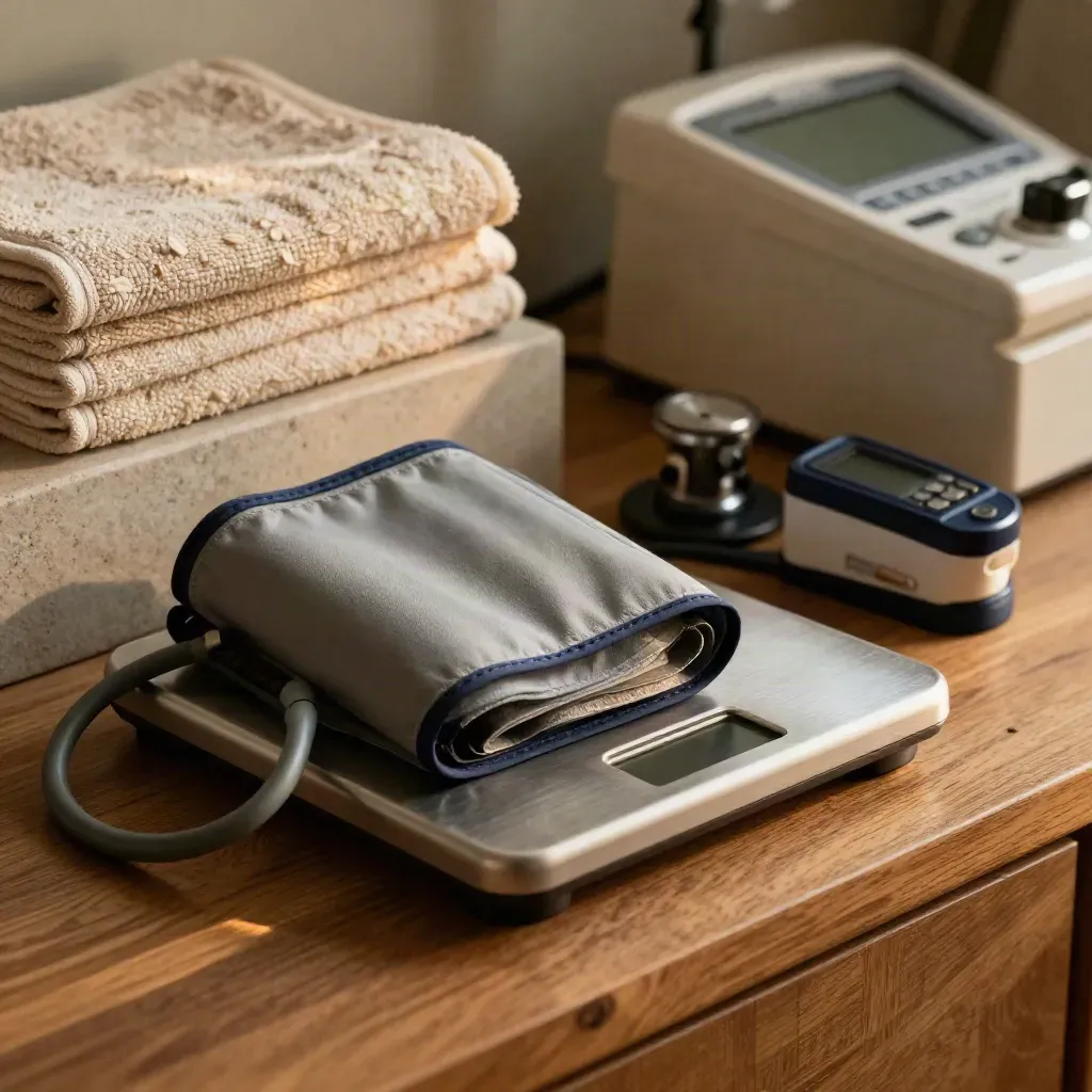 Macro health assessment station with cuff, oximeter, scale edge and folded towels