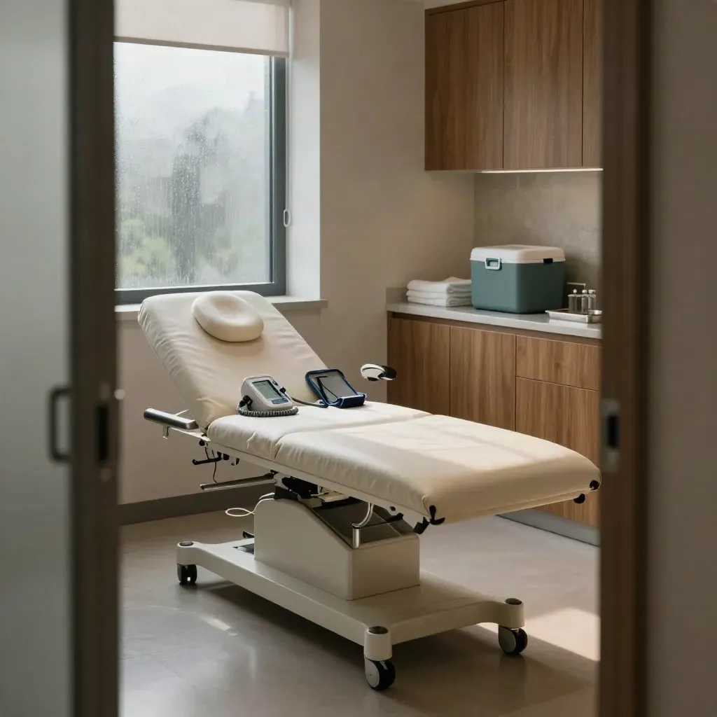 Moody modern primary-care room with couch, monitors and towels in spring morning light.