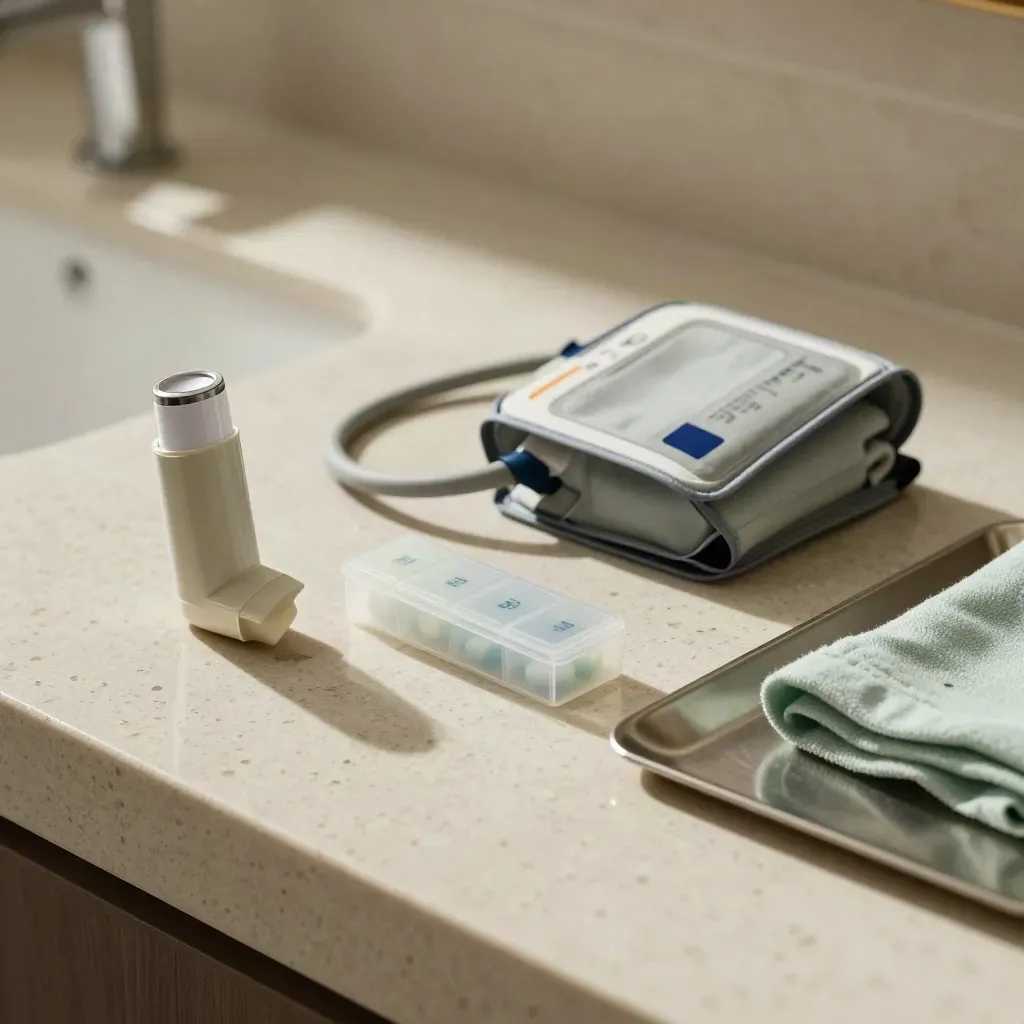 Asthma and blood-pressure home monitoring kit on travertine, neatly reset in soft morning light.