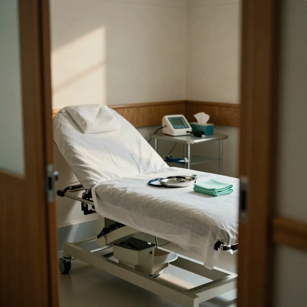 Prepared consultation room with exam couch, stethoscope, blood-pressure cuff and kidney dish.