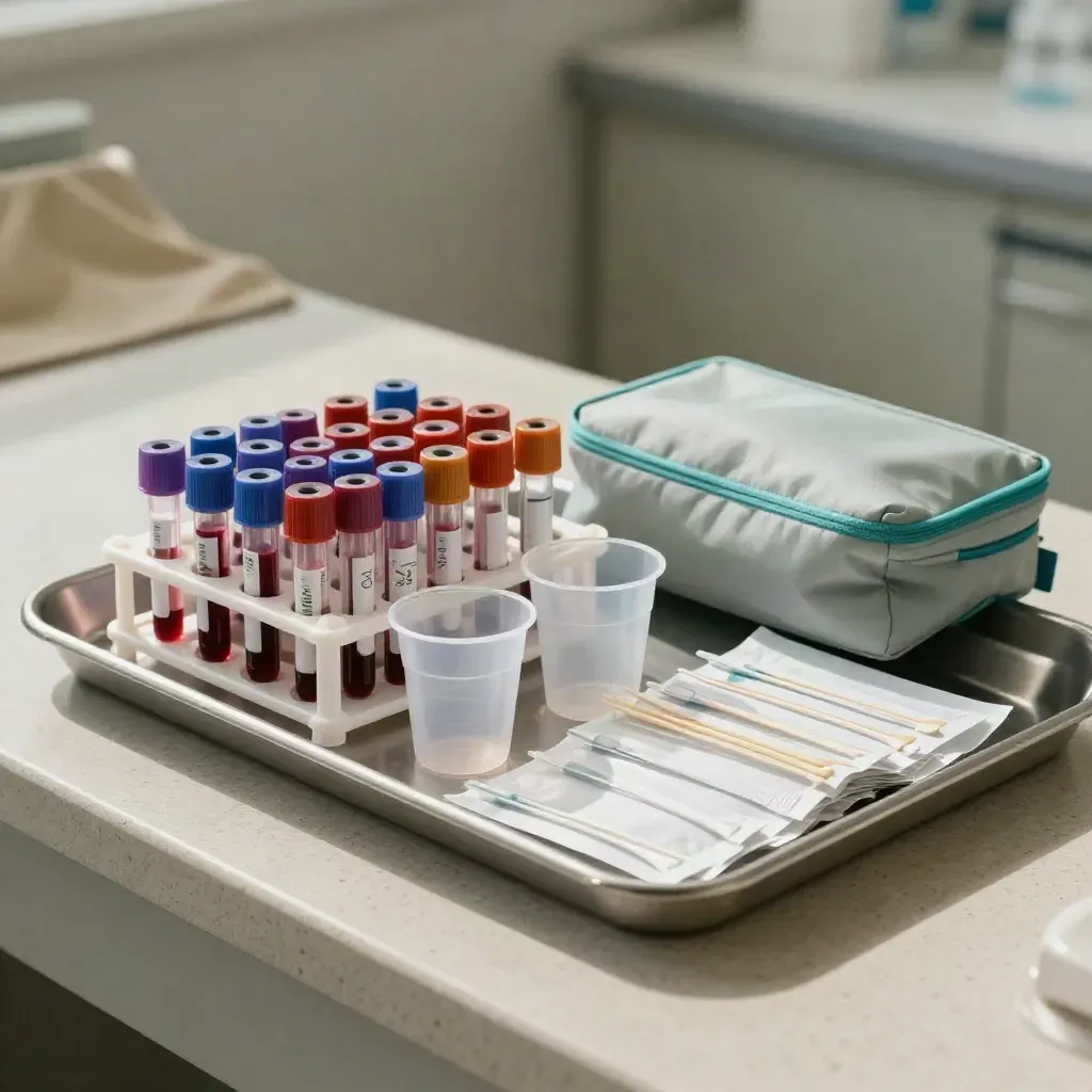 Screening tray with blood tubes, urine cups, swabs and a cooling pouch on pale stone