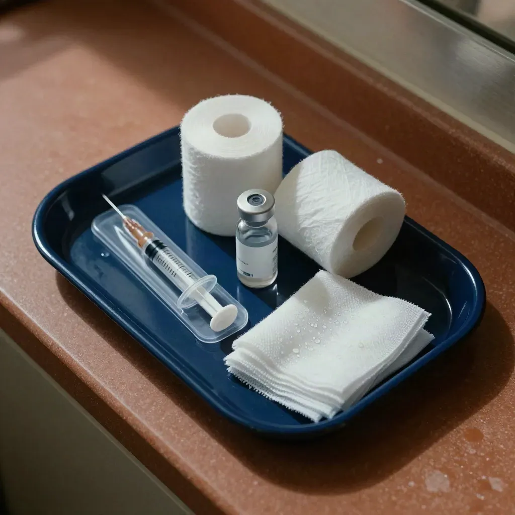Top-down vaccination prep tray with syringe, vial, gauze, cotton rolls and chilled pack on navy and terracotta.