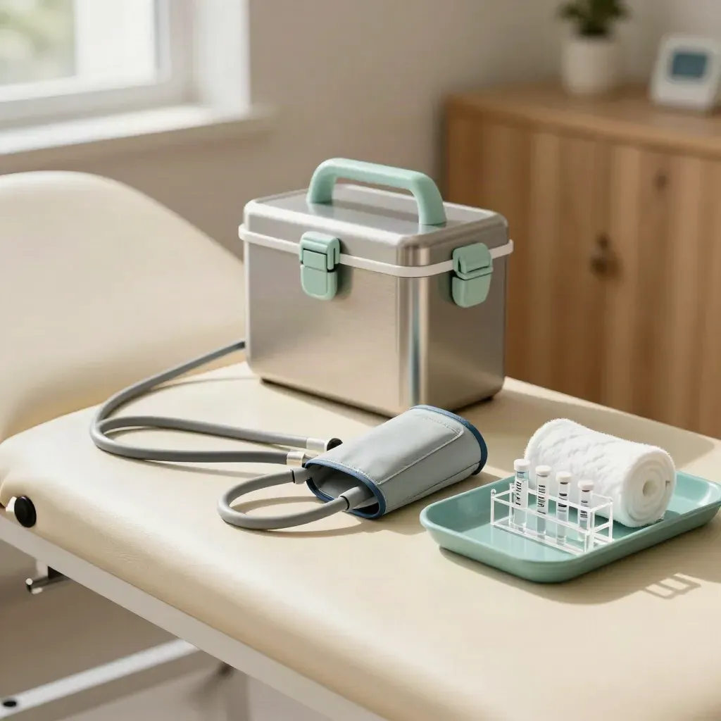 Clinic bench with blood-pressure cuffs, vaccine cooler, cotton rolls and specimen racks in warm window light
