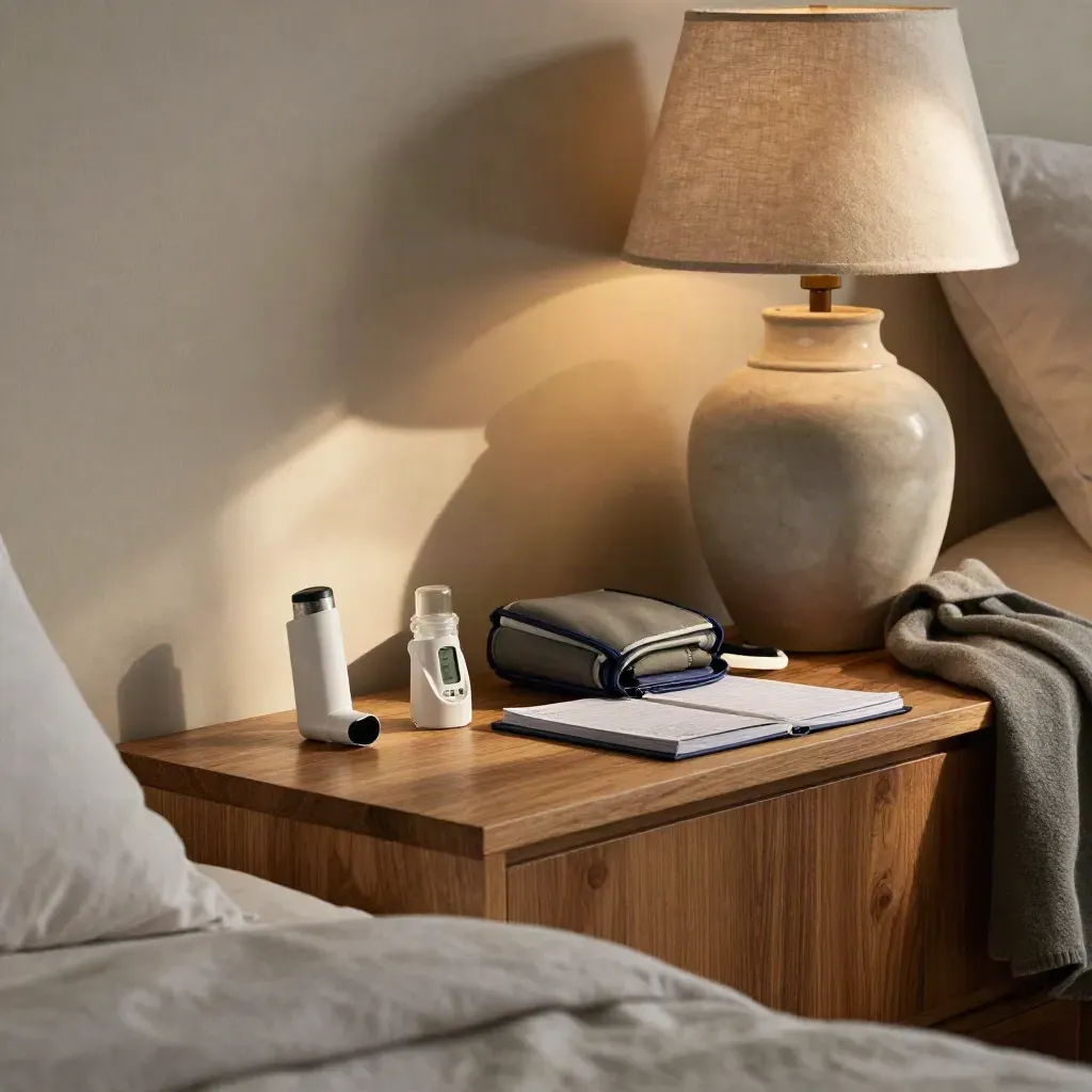 Asthma care kit on a bedside shelf with inhaler, spacer, cuff, diary and warm lamp light.