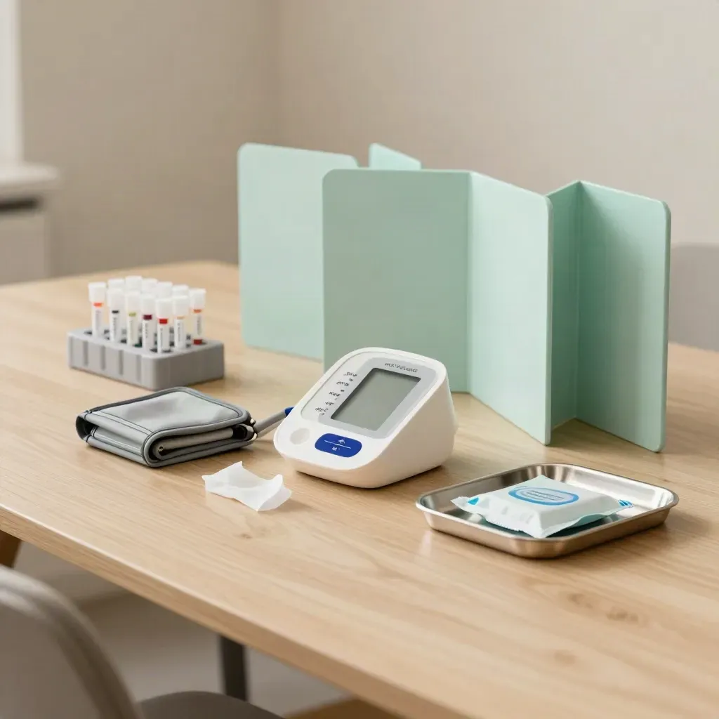 Portable screening station with medical devices and a folded privacy screen on a meeting table