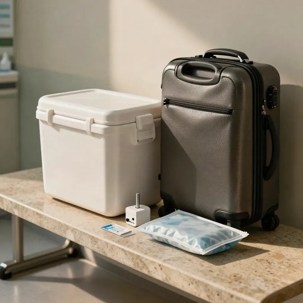 Travel-health kit beside a clinic bench with cooler, suitcase, adaptor and medication pouch.