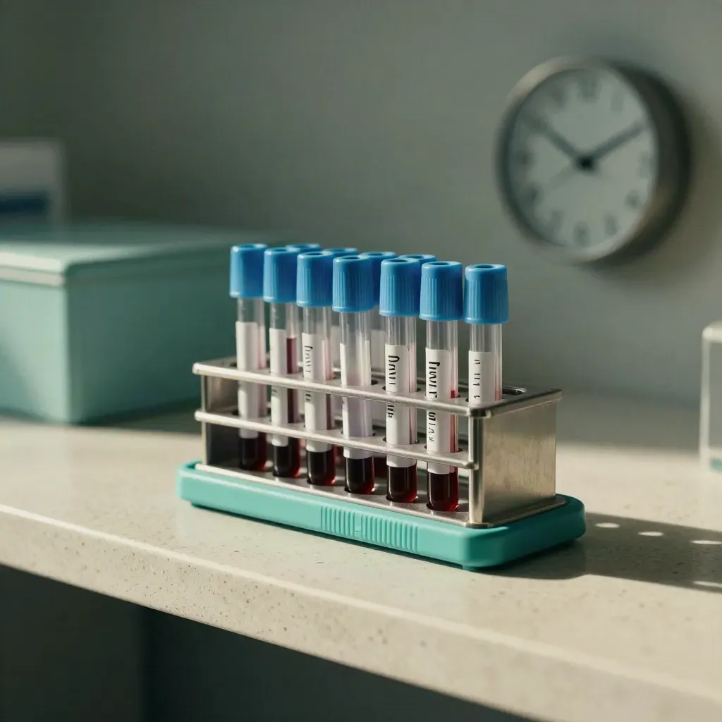 Close-up of a blood test follow-up setup with sample rack, phone dock, wall clock and file box
