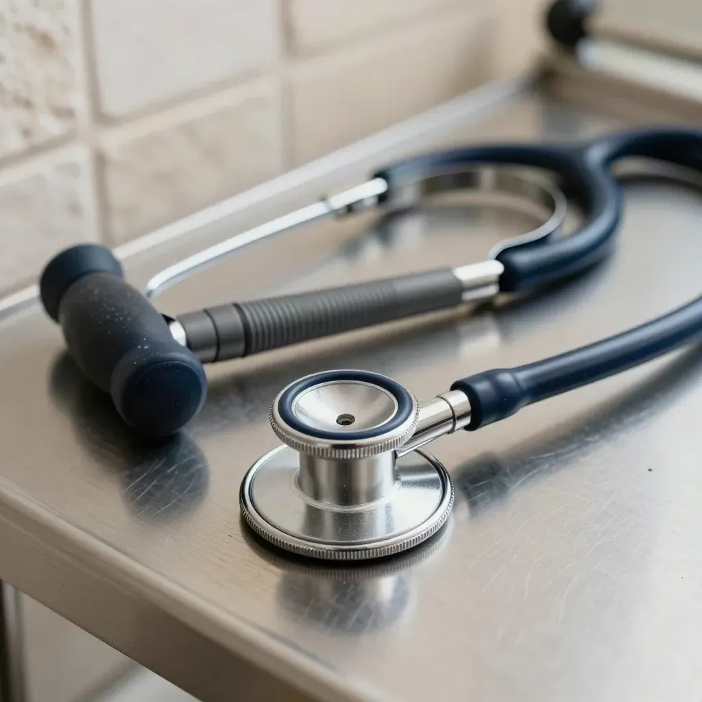 Macro of a stethoscope, pen torch and reflex hammer aligned on brushed steel.