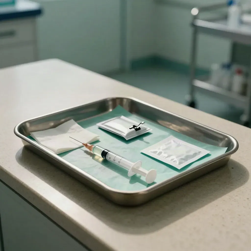 Capped syringes and clinical supplies arranged on a stainless nurse’s tray in low dramatic light.