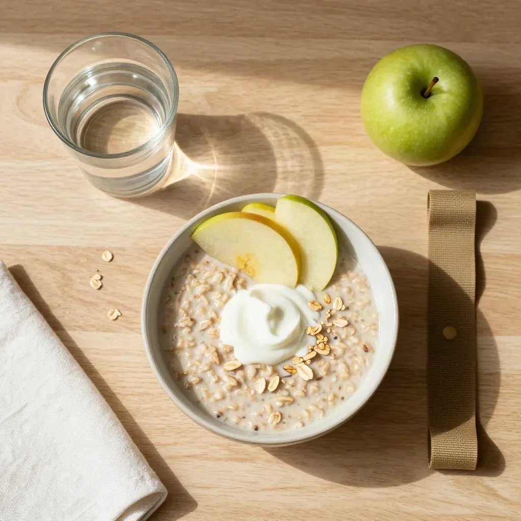 Top-down oats, apple, yoghurt, water glass and resistance band on a pale oak counter.