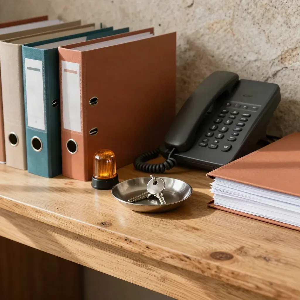Close-up of binders, phone, message light and keys on a patient-care desk.
