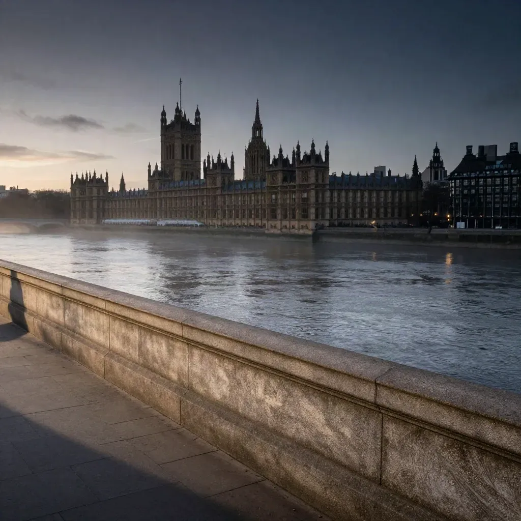 Westminster skyline above misty Thames embankment at blue hour, calm open water below.