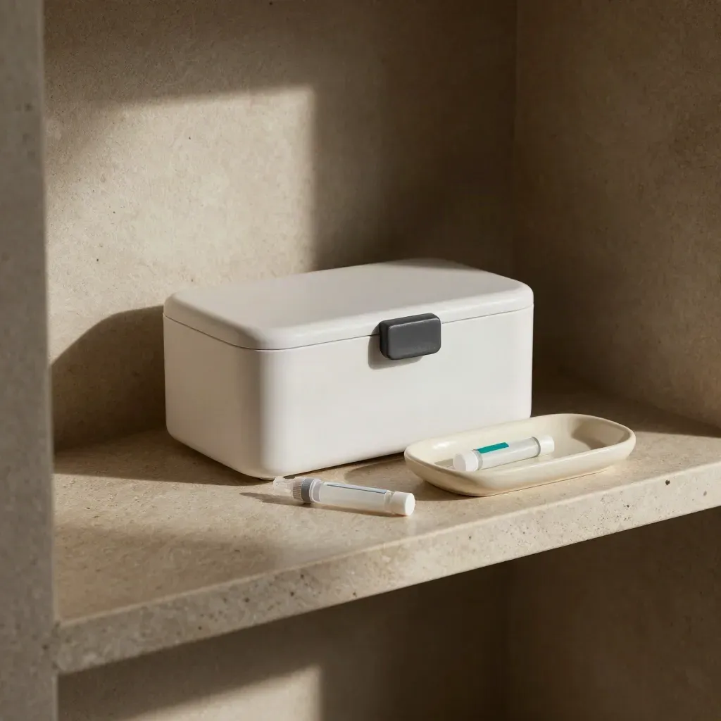 Medication organiser, sealed sample tubes and ceramic tray on a stone shelf in soft daylight.
