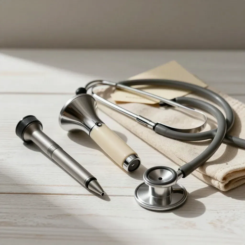 Medical tools arranged on pale wood with a folded linen cloth and soft side light.
