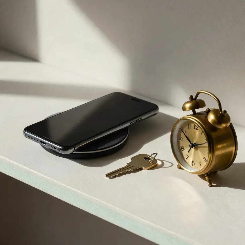 Face-down phone, wireless charger, house key and brass clock on pale plaster shelf