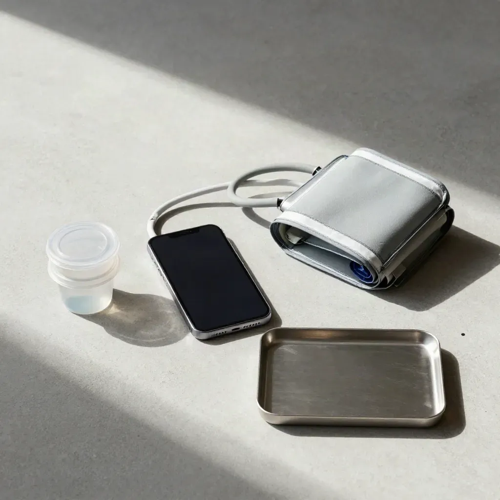 Overhead flatlay of a charging phone, blood-pressure cuff, specimen pots and reminder tray on concrete.
