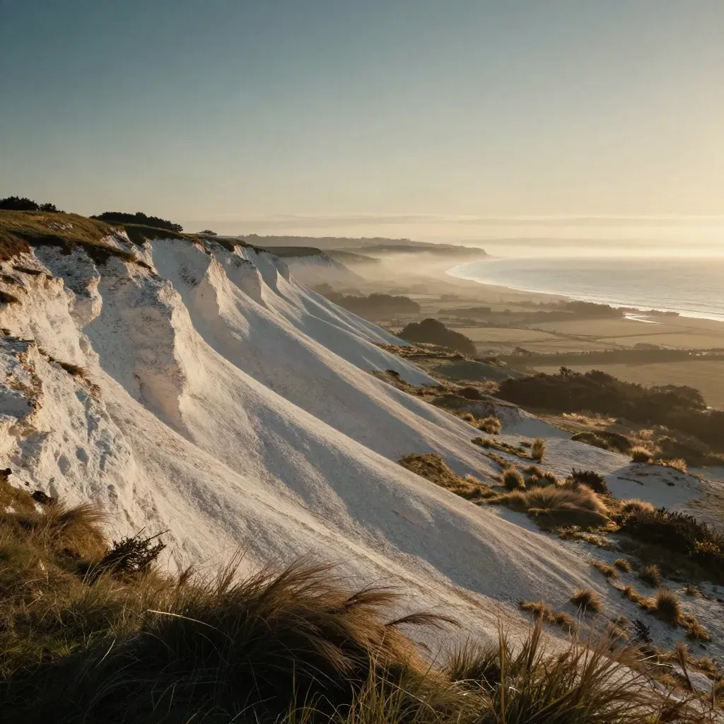 Golden chalk downs above a misty South East coast with sea light