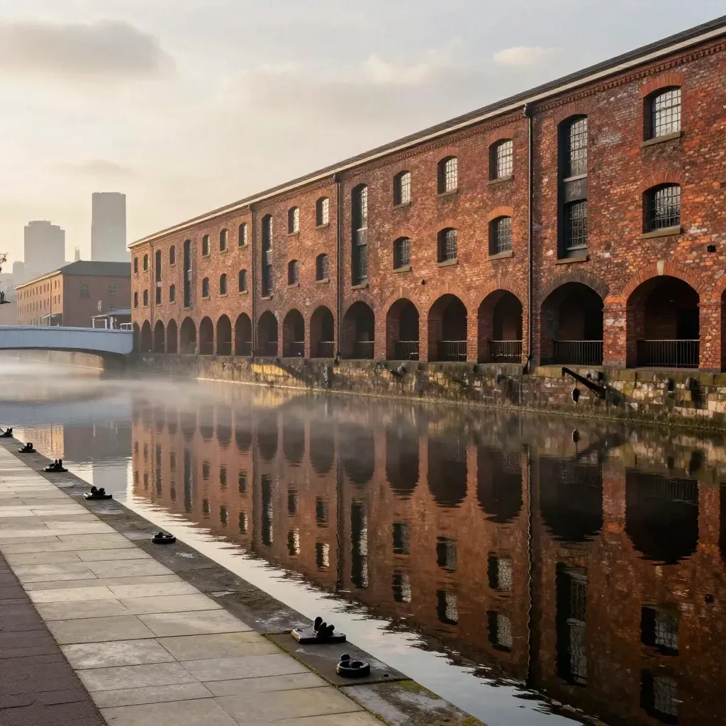 Red-brick canal warehouses and skyline over calm water in warm golden haze