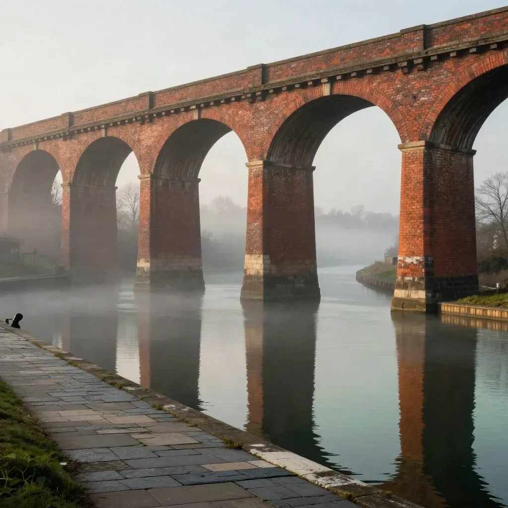 Brick viaducts over a misty Birmingham canal basin at dawn