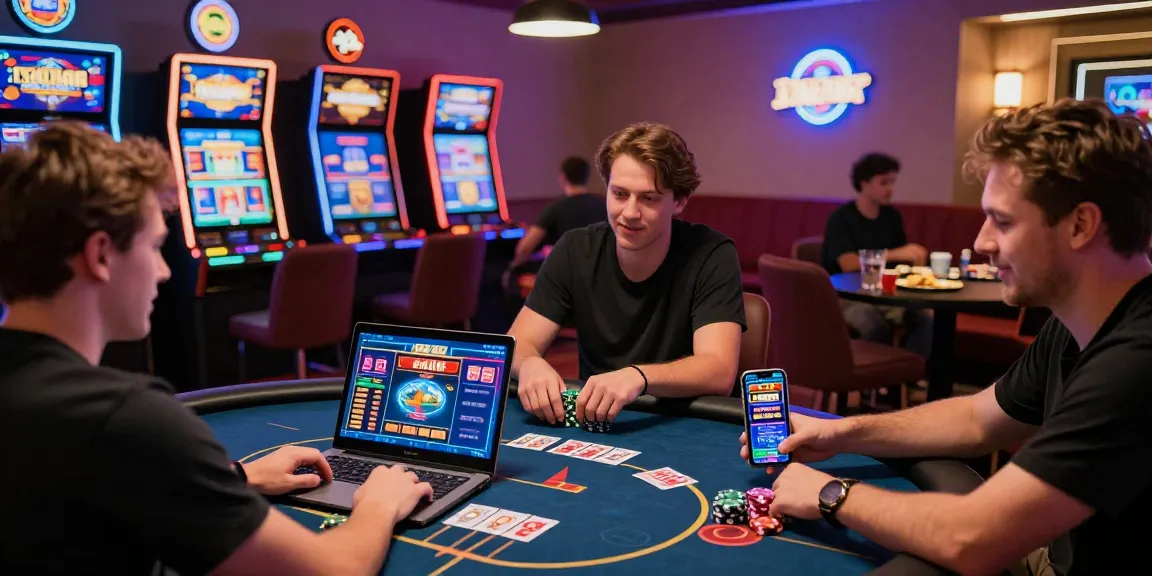 Engaging scene of players at best online casinos, enjoying virtual poker and vivid slot games in a lively atmosphere