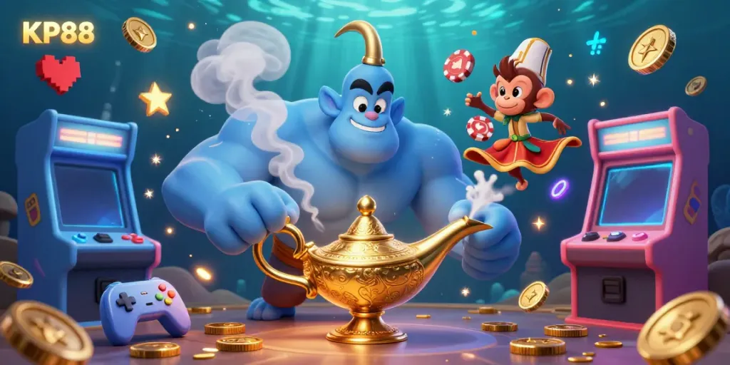 Experience thrilling gaming at KP88 with a vibrant 3D illustration featuring a genie and gaming elements.