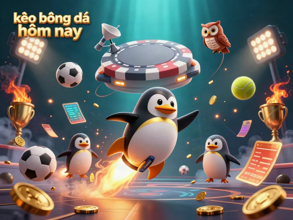 Celebrate kèo bóng đá hôm nay with a dynamic scene featuring a golden penguin, sports balls, and a casino backdrop, all in vibrant detail.