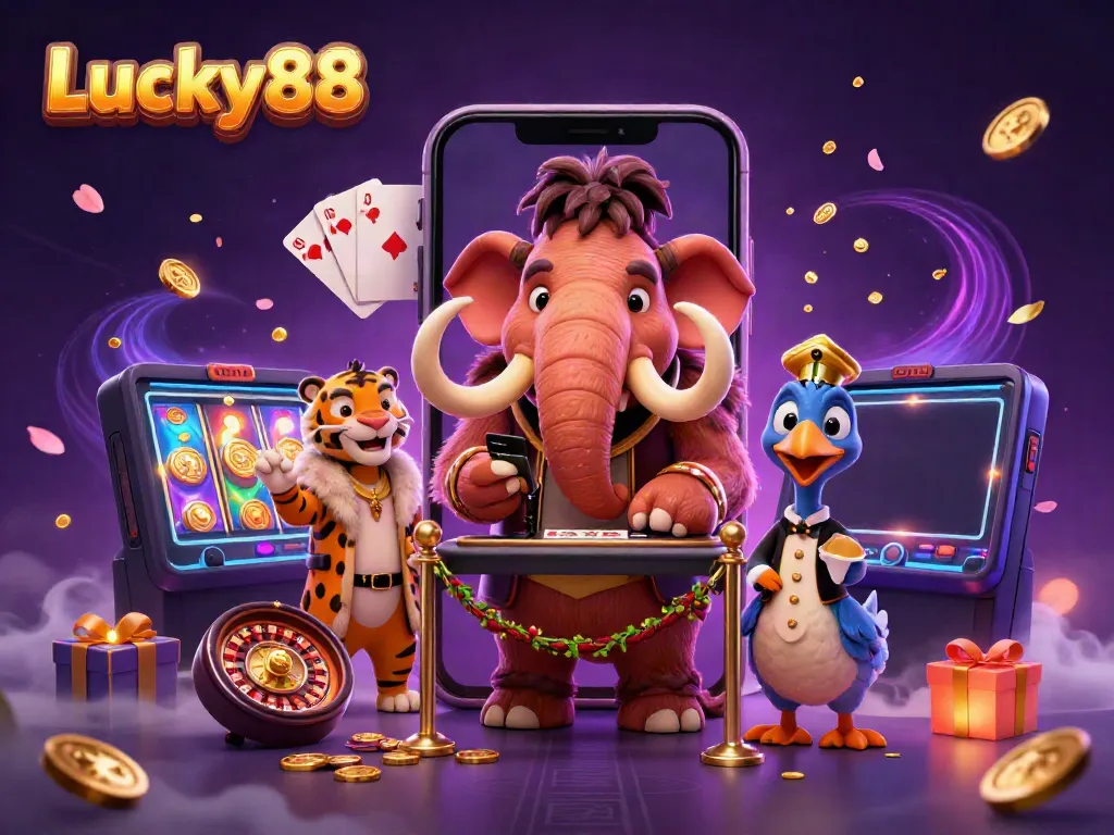 Experience Lucky88 with a vibrant 3D scene featuring characters and dynamic casino elements.