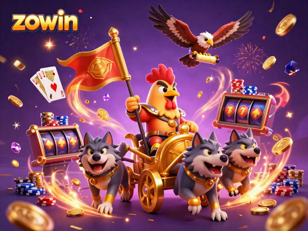 Experience the excitement of zowin with dynamic casino elements, featuring a rooster warlord in a grand chariot.